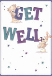 A wave of playful optimism sweeps from this Bayswater get well card, where two adorable illustrated friends-a soft teddy bear and a wide-eyed puppy-spring into action. The bear, perched atop the word 'GET,' gently clasps the bold letters, while the puppy gleefully balances beneath 'WELL,' their joyful, rounded shapes alive with expressive detail. Indigo and teal ribbons of colour, brushed across the text, gleam confidently against a velvety cream background, their vibrancy mirroring the blooming window boxes along Queensway. Floating across the scene, tiny stars in twilight shades of blue and purple shimmer like the first hints of evening above Hyde Park, delivering a whimsical sense of hope and recovery. The soft, tangible fur strokes of each animal seem almost real-inviting you to imagine the comforting embrace of a favourite plush toy or a bouquet of fresh Baywater hydrangeas. More than simply a card, it's an emotional balm, crafted with the same thoughtfulness as a hand-tied bouquet, ready to accompany your message of caring and encouragement to someone on the mend in Bayswater.